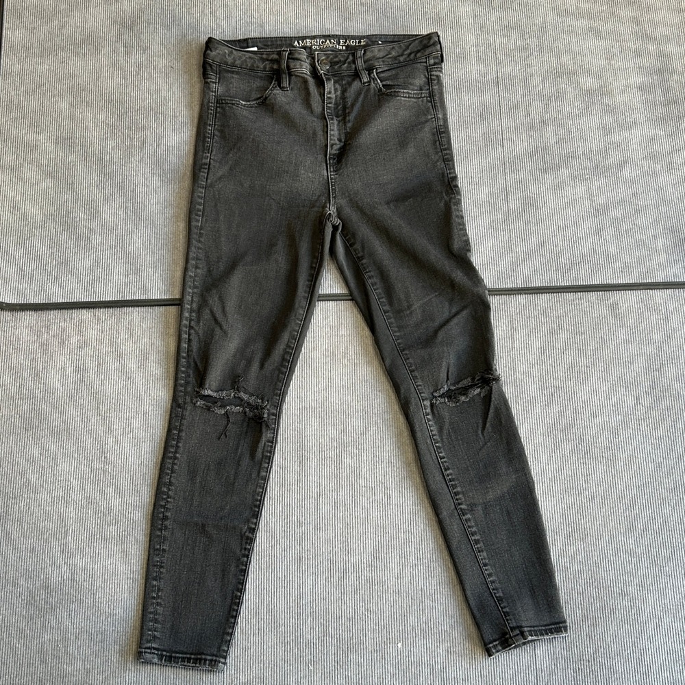 American Eagle Super Stretch X Skinny Jeans Black Distressed Ripped Size 10 Y2k